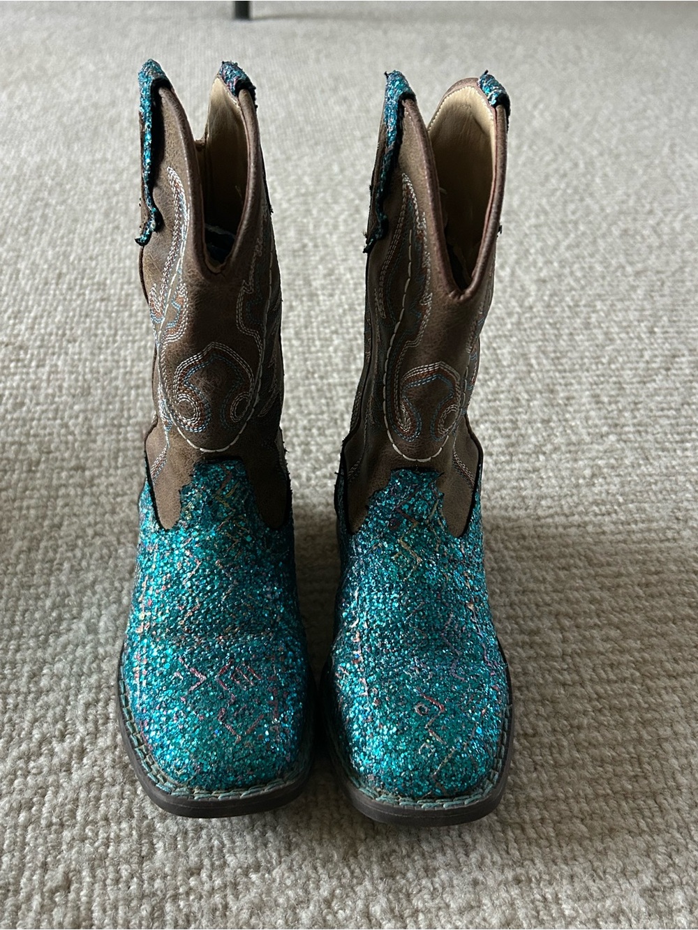 Roper Kids Teal Glitter Cowboy Boots with Brown Shaft